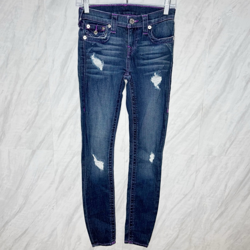 True Religion Low Rise Dark Blue Distressed Skinny Jeans 25